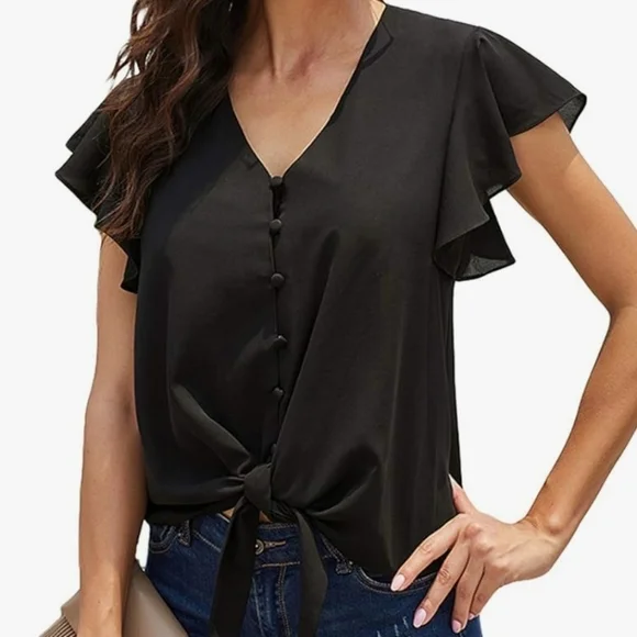 HOTGIRL Loose  Top for Women Short Sleeve Summer V Neck Shirt - Picture 3 of 4